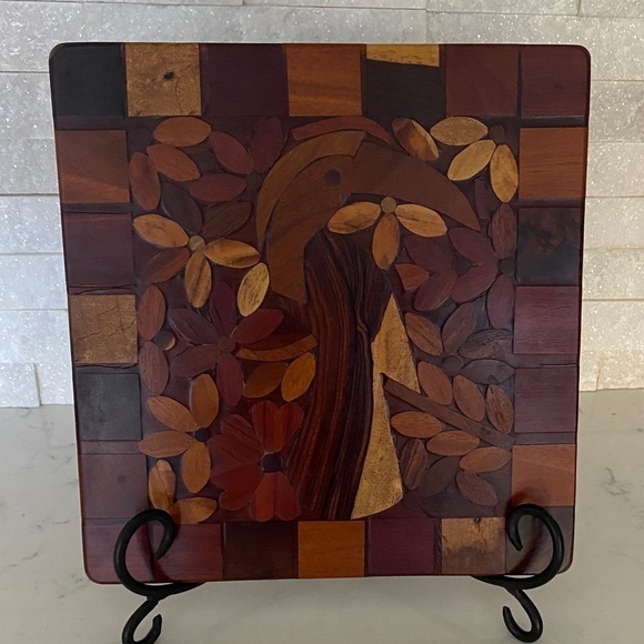 🖤Art Deco Marquetry Inlaid Wood Board Tropical Toucan Bird and Flowers - Picture 3 of 7
